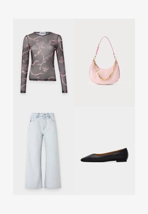 Langærmet gennemsigtig top i sort med et rosa blomster- og vinedesign, rund halsudskæring og tætsiddende pasform. Lavet af letvægts, strækbart materiale.; Lysblå jeans med bred benedesign, lavet af denim. Funktioner fem lomme-stil, bæltestropper og knaplukning.; Sort læder flad sko med spids tå, lav hæl og glat finish, vist fra siden på en lysegrå baggrund.; Lyserød håndtaske i halvmåneform med præget logomønster, justerbar rem og dekorativ guldkæde på ensfarvet baggrund.