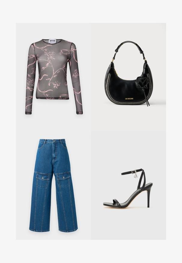 Langärmliges, transparentes Oberteil in Schwarz mit pinkem Blumenrankenmuster, rundem Ausschnitt und tailliertem Design. Hergestellt aus leichtem, elastischem Material.; Weite Jeanshose in Hellblau mit hoher Taille, sichtbaren Nähten und je zwei aufgesetzten Taschen mit Knopf auf jeder Seite.; Schwarze High-Heel-Sandale mit schmalem Knöchelriemen, quadratischer Zehenbox, glattem Leder und metallischem Schnallenakzent.; Schwarze Leder-Hobo-Tasche mit kontrastierender weißer Naht, geschwungener Form, goldenen Beschlägen und einem dekorativen "M"-Charm daran.