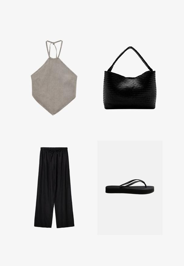 Haut halter en lin gris clair avec un ourlet pointu et une fermeture par lien au cou, présenté sur fond blanc.; Pantalon ample noir à taille élastique avec cordon de serrage devant, fabriqué en tissu léger.; Tongs en caoutchouc noir avec semelle texturée et bride en forme de Y, vues de côté sur un fond clair uni.; Sac à main tissé noir avec une anse unique tressée, forme rectangulaire et surface texturée brillante.