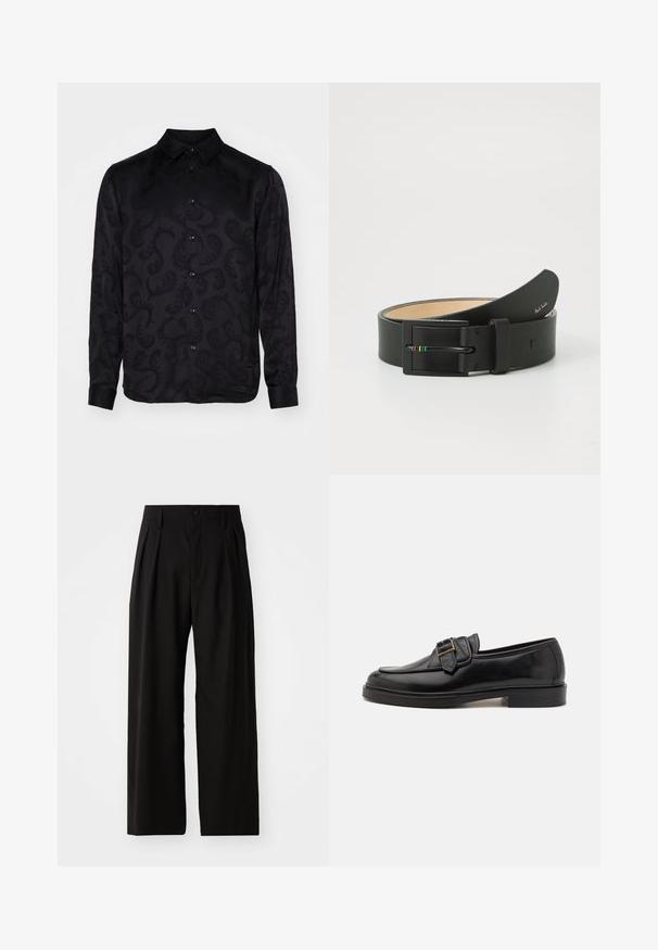 Chemise noire à manches longues avec un motif paisley texturé subtil, dotée d'un col pointu et d'une fermeture à boutons sur le devant. Tissu lisse.; Pantalons larges noirs avec une texture lisse, dotés de deux plis avant, d'une fermeture à bouton et de poches latérales. Tissu durable.; Mocassins en cuir noir avec un bout arrondi et une boucle décorative. Talon plat, solide et texture lisse sur l'ensemble.; Paul Smith MEN BELT STRIPE BUCKLE - Ceinture - black