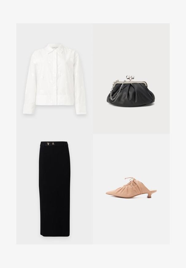 Witte lange mouwen jas met subtiele bloemenborduursels, een puntkraag en een rechte snit met een knoopsluiting. Zacht, gestructureerd stof.; AERON FORUM - Kokerrok - black; Beige leren damesmuiltje met puntige neus, geplooide bovenzijde, trekkoord en lage kittenheel, afgebeeld op witte achtergrond.; Zwarte leren clutch met geplooide textuur, zilverkleurig metalen frame, drukknopsluiting en kettingriem. Glad, zacht oppervlak.