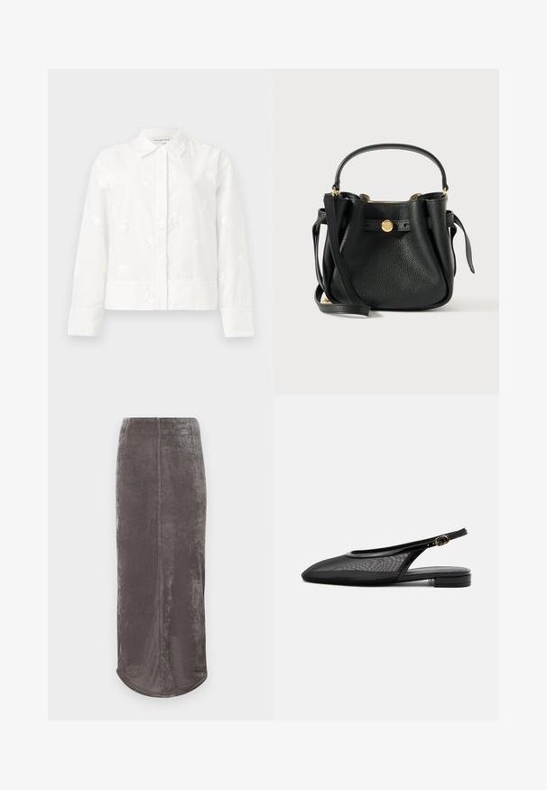 Biely dlhý rukáv kabát s jemnou kvetinovou výšivkou, špicatým golierom a rovný strih s zapínaním na gombíky. Mäkka, textúrovaná látka.; Sivá sukňa po kolená vyrobená z mäkkej, textúrovanej látky s jemným leskom. Má rovný strih a zaoblený lem.; Čierna slingback balerína s ostrou špičkou, sieťovaným zvrškom, nastaviteľným remienkom s prackou a nízkym stohovaným podpätkom na bielom pozadí.; Čierna textúrovaná kožená kabelka s krátkym držadlom, dlhým ramenným popruhom a zlatou guľatou prackou s logom na prednej strane.