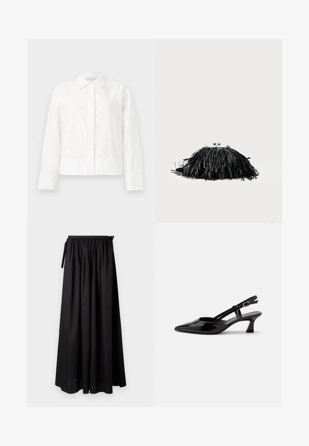 Veste blanche à manches longues avec broderie florale subtile, un col pointu et une coupe droite avec une fermeture à bouton. Tissu doux et texturé.; Jupe longue noire en tissu léger, avec une ceinture élastique à nouer, et une coupe fluide au toucher lisse.; Chaussure slingback en cuir verni noir à petit talon, bout pointu et bride réglable avec boucle dorée sur fond blanc.; Pochette noire à franges avec fermoir argenté et chaîne, sur un fond clair uni.
