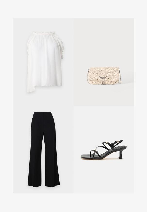 Haut sans manches blanc en tissu léger et texturé. Présente des accents froncés le long de l'encolure et des épaules. Ourlet asymétrique.; Pantalon large noir avec une taille haute, tissu lisse et lignes épurées. Pas de matériel visible ni de motifs.; Sandales à strapes en cuir verni noir avec un bout carré et un petit talon carré. Présente des accessoires en métal doré et des brides de cheville réglables.; Pochette tissée beige avec rabat, bandoulière chaîne en métal et petite décoration argentée en forme d'aile à l'avant.