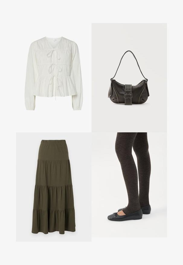 Hvid langærmet bluse med tre frontknytningslukninger, samlede stofdetaljer, elastiske manchetter og en peplum-stil kant.; Olivengrøn lagdelt maxi-nederdel med elastisk taljebånd og rynkede stofpaneler.; Ben iført mørke ribbede leggings kombineret med sorte balletsko med små sløjfedetaljer på hvid baggrund.; Sort læder skuldertaske med spænde på remmen, afrundede kanter og kontrasterende hvide syninger på en ensfarvet baggrund.