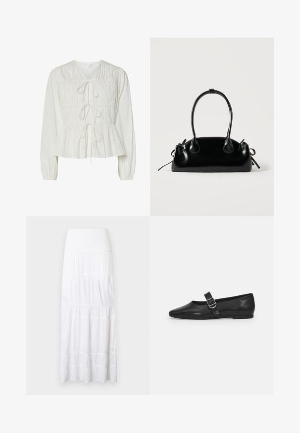 Hvid langærmet bluse med tre frontknytningslukninger, samlede stofdetaljer, elastiske manchetter og en peplum-stil kant.; Hvid, lagdelt maxinederdel lavet af letvægtsstof. Har elastisk taljebånd og subtil tekstur med vandrette sømme.; Sorte læder flade sko med rund tå, et enkelt justerbart spænde og en glat, blank overflade. Minimalistisk design med en lav hæl.; Lille sort blank håndtaske med to lange håndtag og snøre-detaljer i siden på en ensfarvet lys baggrund.