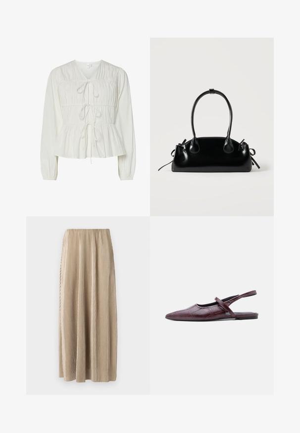 Hvid langærmet bluse med tre frontknytningslukninger, samlede stofdetaljer, elastiske manchetter og en peplum-stil kant.; Plisseret beige midi-skjørt med elastisk talje, der har lodrette striber og en flydende silhuet for nem bevægelse.; Bourgognefarvet læder flad slingback-sko med spids tå og tynd rem over vristen mod ensfarvet baggrund.; Lille sort blank håndtaske med to lange håndtag og snøre-detaljer i siden på en ensfarvet lys baggrund.