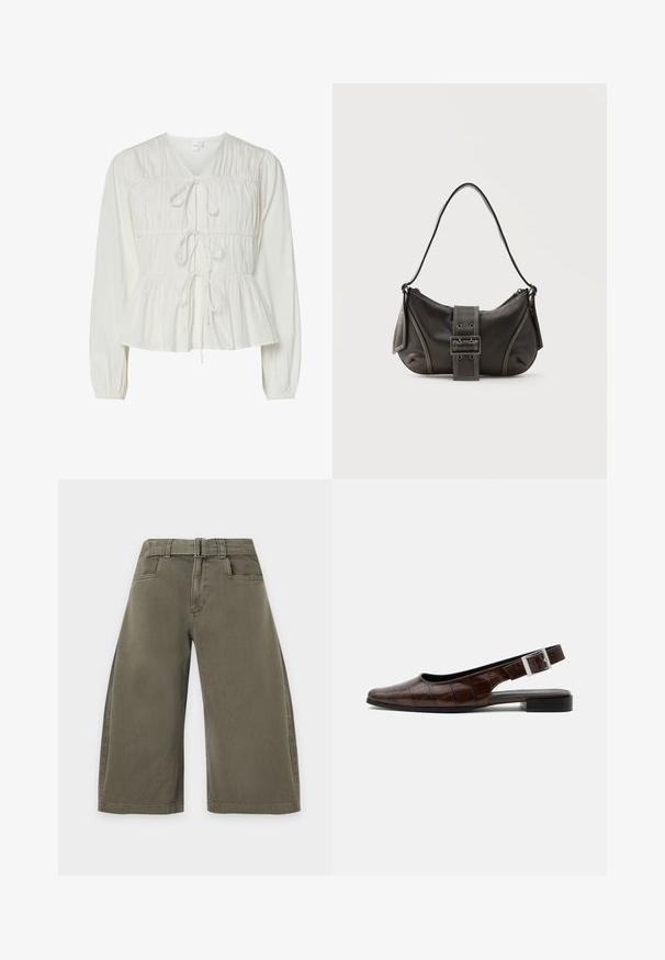 Blusa blanca de manga larga con tres cierres frontales de lazo, detalles de tejido fruncido, puños elásticos y dobladillo de estilo peplum.; Pantalones cortos de pierna ancha en verde oliva con bolsillos delanteros y un cinturón de tela a juego en la cintura.; Zapato plano de piel marrón oscuro con tira trasera, punta cuadrada, textura de cocodrilo y hebilla plateada en la correa.; Bolso de hombro de cuero negro con detalle de correa con hebilla, bordes curvos y costuras blancas en contraste sobre un fondo liso.