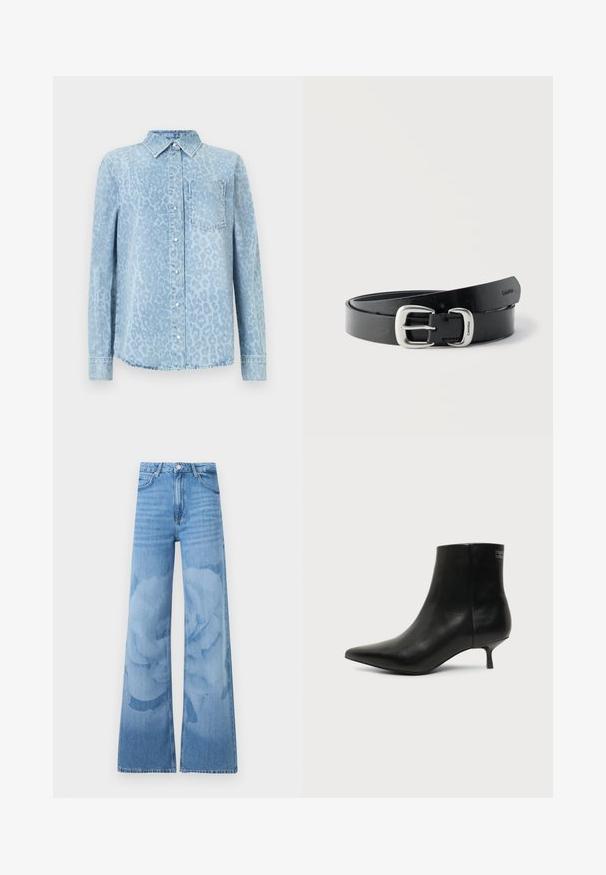 Φωτεινό μπλε πουκάμισο denim με σχέδιο λεοπάρδαλης, γιακά, μακριά μανίκια, κουμπιά μπροστά και τσέπη στο στήθος. Υφή με υφή.; Ανοιχτό μπλε τζιν παντελόνι με φαρδιά μπάτζα και ψηλή μέση, με μπροστινό κουμπί και τσέπες, που διαθέτει διακριτικό φλοράλ σχέδιο πλύσης στα πόδια.; Μαύρο δερμάτινο μποτάκι γύρω από τον αστράγαλο με μυτερή μύτη και χαμηλό τακούνι σε ανοιχτό φόντο, εμφανίζει την εξωτερική πλευρά.; Μαύρη δερμάτινη ζώνη τυλιγμένη με ασημένια μεταλλική αγκράφα με χαραγμένο το "Calvin Klein" σε απλό λευκό φόντο.