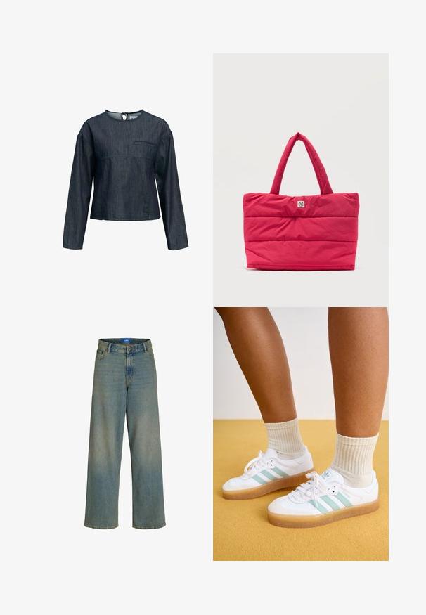 Chemise en denim foncé à manches longues avec col rond, une poche poitrine unique et fermeture par lien au dos, présentée sur fond blanc.; Jean denim bleu à jambes larges avec bouton avant, fermeture éclair et passants de ceinture, présentant une petite poche avant et une étiquette bleue à la taille.; Baskets blanches avec des rayures vert menthe, semelle en caoutchouc et lacets, associées à des chaussettes crème à côtes. Sur fond jaune.; Sac cabas matelassé rose vif avec poignées rembourrées et un petit patch circulaire avec logo sur la partie supérieure avant.