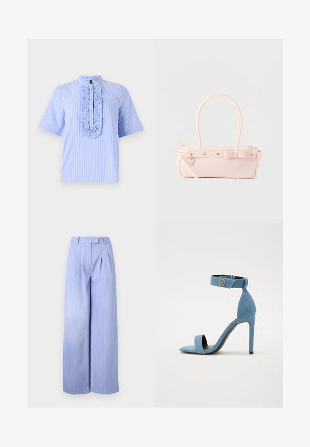 Camisa de manga corta azul claro con rayas blancas verticales, que presenta un plastrón con volantes y un cuello mao. Textura de tela suave.; Pantalones de pierna ancha en azul claro con un patrón de rayas, con pliegues en la parte delantera y una cintura alta. Hechos de una tela suave con una textura agradable.; Sandaña de tacón alto de denim azul con una correa en el tobillo y cierre de botón. Presenta una punta cuadrada y una suela negra para contraste.; Bolso rectangular de color rosa pálido con doble asa, lazo decorativo, ojales metálicos y un pequeño colgante en forma de corazón sobre un fondo liso.