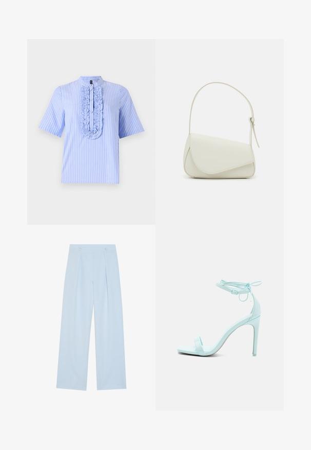 Camisa de manga corta azul claro con rayas blancas verticales, que presenta un plastrón con volantes y un cuello mao. Textura de tela suave.; Pantalones de tiro ancho en azul claro con dos pliegues delanteros, dos botones en la cintura y una textura de tela suave.; Call it Spring Sandalias de tacón - light blue; Bolso de mano de imitación cuero blanco con una forma triangular estructurada, correa ajustable única y cierre con solapa acentuada en curva.