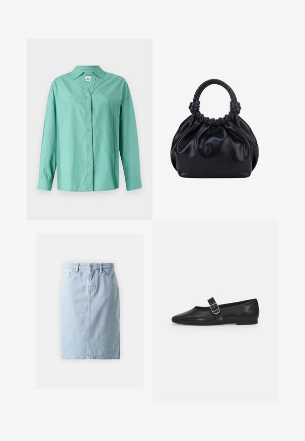Lys grøn button-up skjorte lavet af bomuld, med krave, lange ærmer og lige kant med en afslappet pasform.; Lyseblå denimskørt med lige snit, frontlommer og en enkelt knaplukning i taljen. Glat tekstur med minimal syning.; Sorte læder flade sko med rund tå, et enkelt justerbart spænde og en glat, blank overflade. Minimalistisk design med en lav hæl.; Sort blød læderhåndtaske med samlet top og to tykke håndtag bundet i knuder mod en ensfarvet lys baggrund.