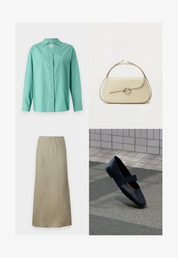 Camisa abotonada verde claro hecha de algodón, con cuello, mangas largas y un dobladillo recto con un corte relajado.; Falda en línea A hasta la rodilla de suave tela verde oliva con una textura sutil y sin cierres ni adornos visibles.; Zapato plano de cuero negro con punta redonda, que presenta una suave correa elástica negra sobre la parte superior. Textura suave y diseño minimalista.; Bolso de mano de cuero beige con solapa curva, cierre circular plateado y asa corta superior sobre un fondo blanco liso.
