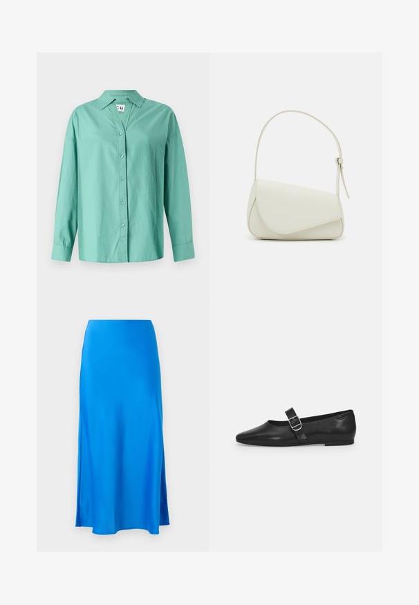 Camisa abotonada verde claro hecha de algodón, con cuello, mangas largas y un dobladillo recto con un corte relajado.; Falda maxi de satén azul con una textura suave, forma ligeramente en A y abertura lateral, que ofrece una silueta fluida.; Zapato plano de cuero negro con punta redondeada, una sola correa ajustable con hebilla y una textura suave y brillante. Diseño minimalista con un tacón bajo.; Bolso de mano de imitación cuero blanco con una forma triangular estructurada, correa ajustable única y cierre con solapa acentuada en curva.