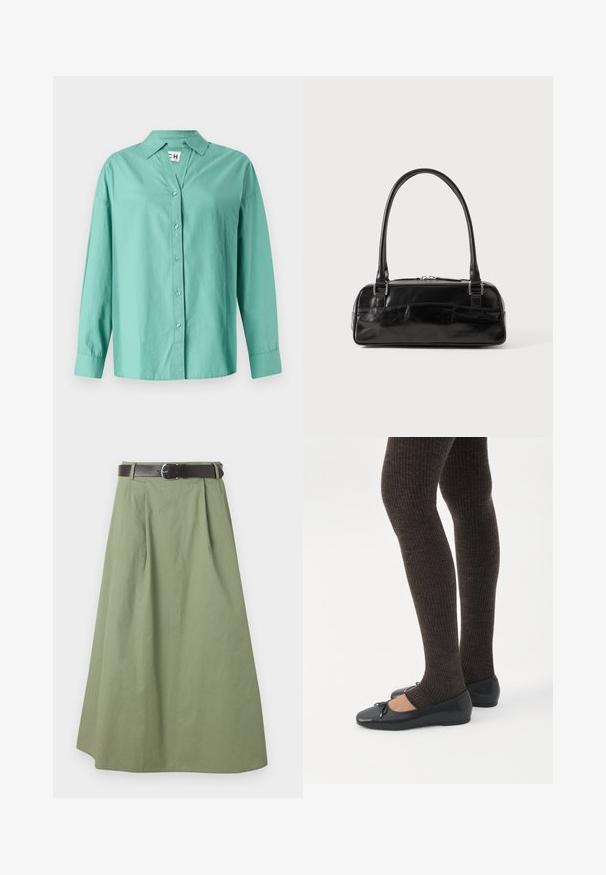 Camisa abotonada verde claro hecha de algodón, con cuello, mangas largas y un dobladillo recto con un corte relajado.; Falda larga verde oliva clara con pliegues y un cinturón marrón oscuro con hebilla plateada en la cintura.; Piernas con leggings oscuros acanalados combinados con bailarinas negras que presentan pequeños detalles de lazo sobre un fondo blanco.; Bolso de mano de cuero negro con forma rectangular, equipado con un asa estructurada, herrajes en plata y cierre de cremallera. Textura suave.