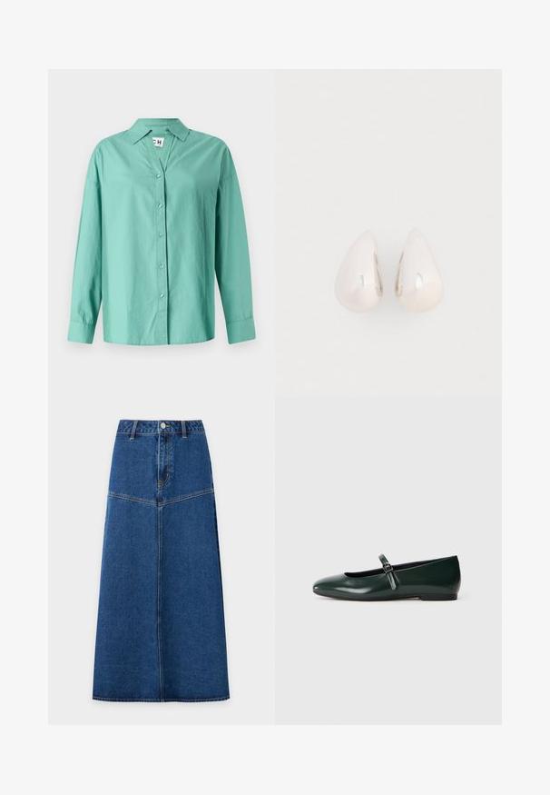 Lichtgroen knoop-overhemd van katoen, met een kraag, lange mouwen en een rechte zoom met een ontspannen pasvorm.; Blauwe denim midi rok met knopen aan de voorkant en naaddetails, licht wijd uitlopend van taille tot zoom tegen een witte achtergrond.; Donkergroene gepatineerde leren flatschoen met een enkele dunne band en kleine zilveren gesp, met een ronde neus en lage hak.; Zilveren metalen druppeloorbellen met een gladde, reflecterende oppervlakte en een druppelvorm, voorzien van een naadloos ontwerp en zonder zichtbare versieringen.