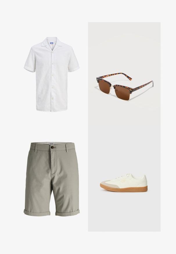 Chemise blanche à manches courtes, col à revers, boutons clairs et motif texturé subtil, présentée sur un fond uni.; Short pour homme de couleur kaki clair avec fermeture à bouton et à glissière, passants pour ceinture et ourlets retroussés, présenté sur un fond blanc uni.; Baskets en cuir blanc avec une coque beige et une semelle en caoutchouc marron clair. Dotées de lacets blancs plats et d'un logo embossé sur le côté.; Lunettes de soleil carrées écaille de tortue avec verres marron et fines accents en métal doré, présentées sur une surface blanche.