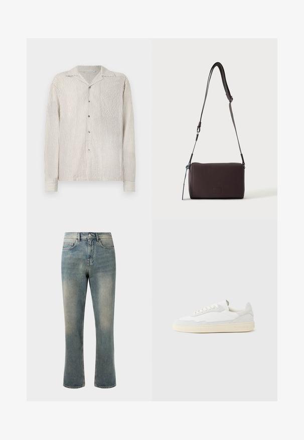 Camisa de manga larga con botones, de patrón de rayas verticales en crema claro y beige. Fabricada con un tejido texturizado, cuenta con un cuello clásico y un bolsillo en el pecho.; Jeans de mezclilla azul claro con pierna recta, cintura media y desvanecido sutil. Presenta un estilo clásico de bolsillos y costuras en contraste.; Zapatilla blanca con parte superior texturizada de ante y cuero. Presenta una puntera redondeada, cierre con cordones y suela de goma beige contrastante.; Bolso bandolera de cuero marrón oscuro con textura, correa ajustable y pequeño adorno decorativo azul en el lateral.
