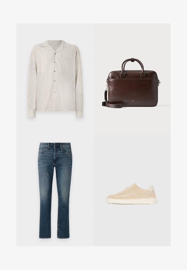 Chemise à manches longues, à boutons, avec un motif rayé vertical de crème clair et de beige. Fabriquée en tissu texturé, elle présente un col classique et une poche poitrine.; Jeans en denim bleu foncé à jambe droite. Les caractéristiques comprennent des poches avant, une fermeture à bouton et un léger délavage près des cuisses.; Baskets en daim beige avec semelle et lacets blancs, design basse, et motif de semelle en zigzag.; Mallette en cuir marron foncé avec double poignées et bandoulière amovible, forme rectangulaire, texture lisse et poche avant.