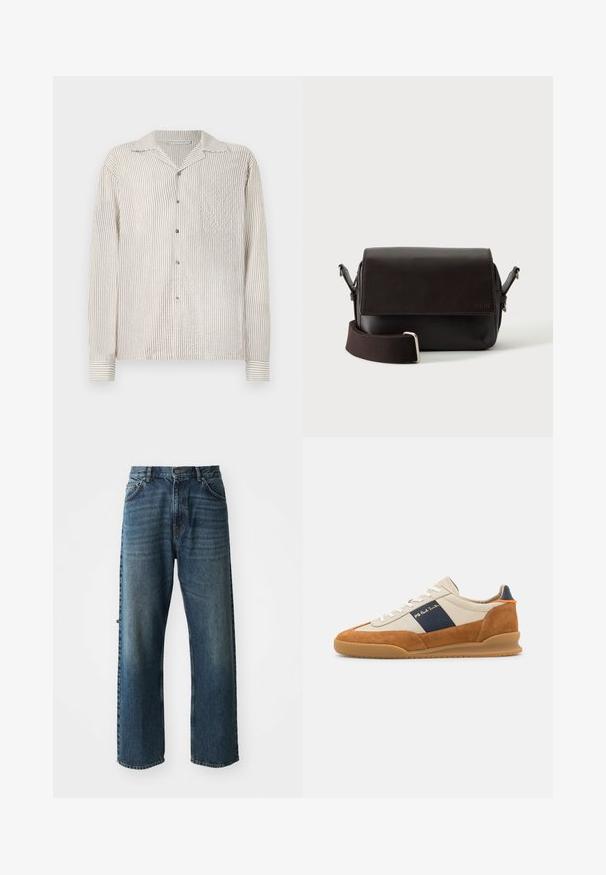Langærmet skjorte med knaplukning i et let creme- og tan-farvet vertikalt stribemønster. Lavet af tekstureret stof, med en klassisk krave og brystlomme.; NN.07 OTIS - Jeans Straight Leg - stonewashed; PS Paul Smith DOVER - Sneakers - cognac/off-white; Mørkebrun lædertaske med flaplukning og justerbar stofrem på hvid baggrund.