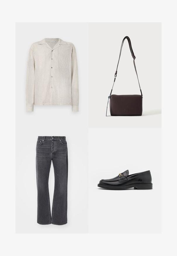 Langærmet skjorte med knaplukning i et let creme- og tan-farvet vertikalt stribemønster. Lavet af tekstureret stof, med en klassisk krave og brystlomme.; Sorte højtaljede jeans med løs, bred ben-design. Lavet af denim, med subtil falmning og for- og baglommer.; Sorte læder loafers med en rund tå, der har guld hardware accent og syningsdetaljer, placeret på en lav, tekstureret gummisål.; Mørkebrun textured læder crossbody taske med justerbar rem og lille dekorativ blå accent på siden.