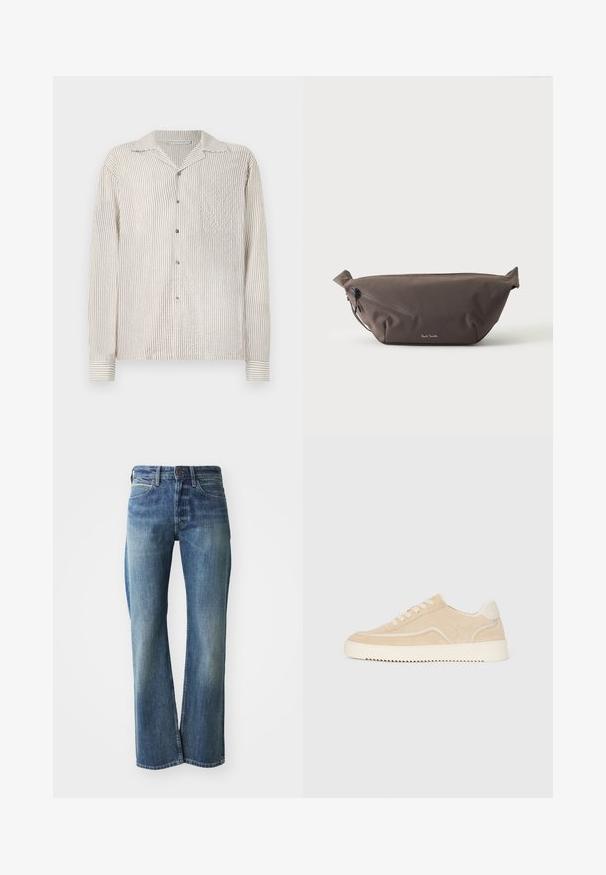 Langärmliges, knöpfbares Hemd mit einem hellcremefarbenen und sandfarbenen vertikalen Streifenmuster. Hergestellt aus strukturiertem Stoff, mit einem klassischen Kragen und Brusttasche.; Jeans aus Denim in einem hellen bis mittleren Blauton, mit geradem Schnitt, klassischem Fünf-Taschen-Design und subtiler Ausbleichung auf der Vorderseite.; Beige Wildlederschuh mit weißer Sohle und Schnürsenkeln, niedrig geschnittenes Design und Zickzackprofil auf der Sohle.; Dunkelbraune Stoff-Gürteltasche mit diagonalem Reißverschlussfach und kleinem weißen Logo vorne, vor einem einfarbigen hellen Hintergrund.