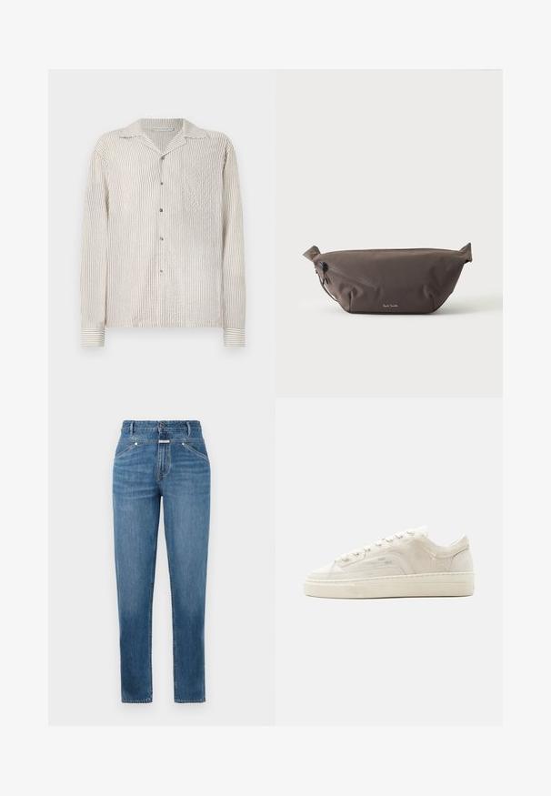 Chemise à manches longues, à boutons, avec un motif rayé vertical de crème clair et de beige. Fabriquée en tissu texturé, elle présente un col classique et une poche poitrine.; Jeans droits taille haute bleus avec poches avant, passants de ceinture, fermeture à bouton et détails de décoloration subtils.; Baskets basses blanches avec fermeture à lacets, tige en tissu texturé et semelle épaisse en caoutchouc, vues de côté extérieur sur un fond uni.; Sac banane en tissu marron foncé avec poche zippée en diagonale et petit logo blanc sur le devant, sur un fond clair uni.