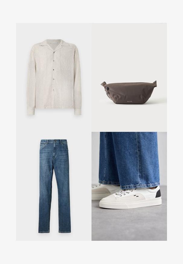 Camisa de manga larga con botones, de patrón de rayas verticales en crema claro y beige. Fabricada con un tejido texturizado, cuenta con un cuello clásico y un bolsillo en el pecho.; Jeans de mezclilla azul oscuro, diseño de pierna recta, estilo de cinco bolsillos, costura visible y cierre clásico de botón. Ligera efecto de lavado en la tela.; Zapatillas blancas y negras con una parte superior de cuero suave, acentos texturizados y una suela blanca gruesa. Presenta un diseño clásico de cordones.; Riñonera de tela marrón oscuro con bolsillo diagonal con cremallera y pequeño logo blanco en el frontal, sobre un fondo liso y claro.