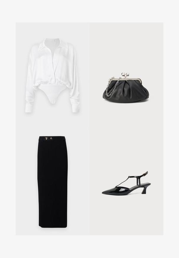 Weiße Satinbluse mit langen Ärmeln, Knopfverschluss vorne, lässiger Passform und kurzem Design, das in einen Bodysuit-Boden übergeht. Glatte Textur.; AERON FORUM - Bleistiftrock - black; Schwarzer Slipper aus Lackleder mit spitz zulaufender Kappe, T-Riemen und niedrigem, schrägem Blockabsatz vor weißem Hintergrund.; Schwarze Leder-Clutch mit geraffter Textur, silberfarbener Metallrahmen, Druckverschluss und Kettenriemen. Glatte, weiche Oberfläche.