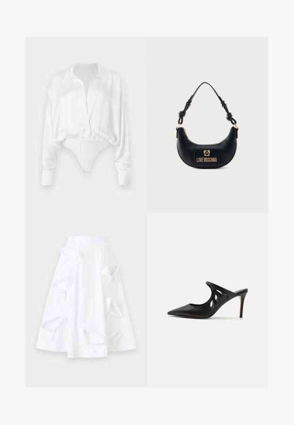 Hvid satin langærmet bluse med knaplukning foran, afslappet pasform og cropped design, der smelter sammen med en bodysuit bund. Glat tekstur.; Hvid A-linje nederdel lavet af bomuld, med oversized udskæringer og en glat tekstur. Inkluderer en struktureret talje.; Sorte læder højhælede mules med spids tå, udskåret sideskærm og glat tekstur. Stiletthæl og subtil syning.; Sort halvmåneformet håndtaske med knyttet håndtag og guld "Love Moschino" logo plaque foran, lynlåslukning øverst.
