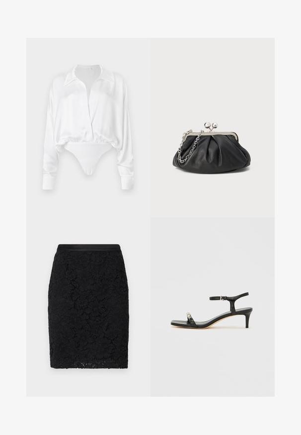 Valkoinen satiininen pitkähiha blouse, jossa on nappikiinnitys edessä, rento malli ja lyhyt muotoilu, joka yhdistyy body-malliseen alaosaan. Sileä pinta.; Musta pitsikynähame, jossa on sileä satiinivyötärönauha, monimutkaisilla kukkakuvioilla ja kapealla istuvuudella.; Musta nahkainen korkokantainen sandaali nilkkaremmin kanssa, avoin varvasosa, neliömäinen etuosa ja hopeanväriset koristeet. Istuvuudeltaan vartaloa myötäilevä, tyylikäs muotoilu.; Mustan nahkainen clutch, jossa on rypistetty rakenne, hopeanvärinen metallikehys, suukko-lukko ja ketjuhihna. Sileä, pehmeä pinta.
