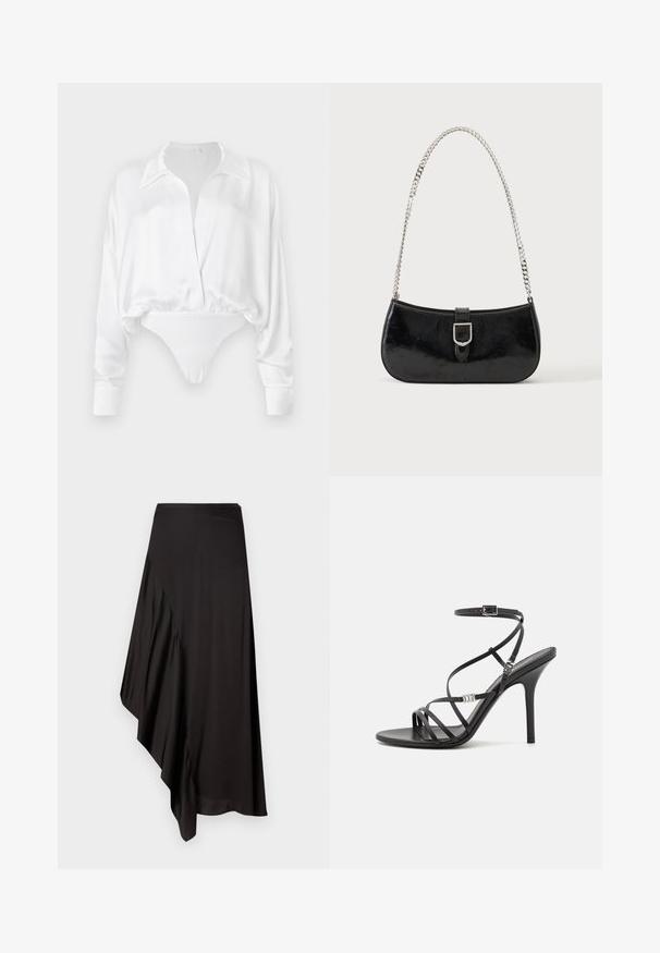 Weiße Satinbluse mit langen Ärmeln, Knopfverschluss vorne, lässiger Passform und kurzem Design, das in einen Bodysuit-Boden übergeht. Glatte Textur.; AERON ASTER SKIRT - Bleistiftrock - black; Schwarze High-Heel-Sandale mit dünnen Riemen, einem Knöchelverschluss, einer glatten Lederoberfläche und einem schlanken Stiletto-Absatz.; Schwarze Schultertasche aus Lackleder mit silberner Schnalle und silbernem Kettenriemen, auf hellem einfarbigen Hintergrund präsentiert.