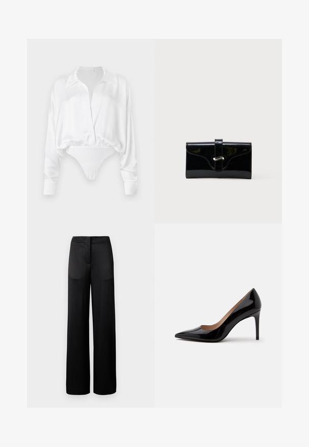 Hvid satin langærmet bluse med knaplukning foran, afslappet pasform og cropped design, der smelter sammen med en bodysuit bund. Glat tekstur.; Bredbenede sorte bukser med en tekstureret overflade, der har en flad talje og to sidelommer. Stoffet ser let og strømmende ud.; Sort laklæder pumps med høje hæle, spids snude og stilethæl, vist i sideprofil på en ensfarvet hvid baggrund.; Sort blank rektangulær pung med forreste rem og sølvfarvet metalspænde, sat mod en ensfarvet hvid baggrund.