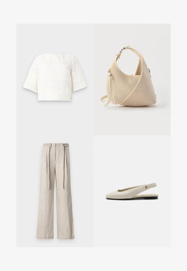 Wit cropped top met korte mouwen, voorzien van getextureerde strepen en bloemenogenpatronen. Zacht stof en ronde halslijn.; Wijde broek in lichtbeige linnen met een hoge taille, voorplooien en een strikriemdetail. Soepele textuur en een ontspannen pasvorm.; Crèmekleurige leren slingback platte schoen met ronde neus en klein gouden embleem op het bandje.; Beige handtas in halve maanvorm met gemengde stoftexturen, korte handgreep en afneembare schouderriem, tegen een lichte achtergrond.