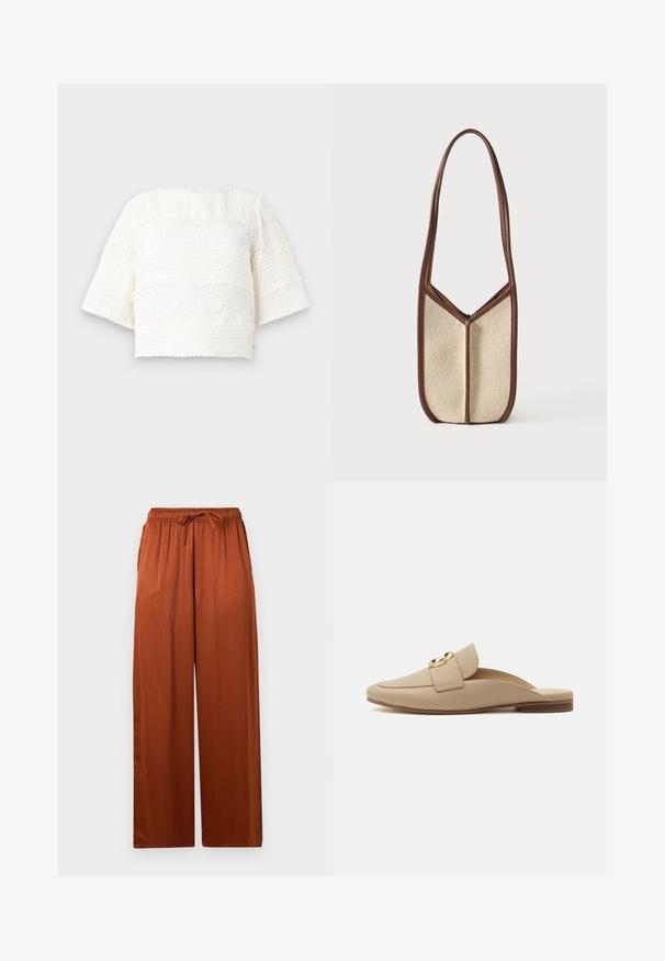 Wit cropped top met korte mouwen, voorzien van getextureerde strepen en bloemenogenpatronen. Zacht stof en ronde halslijn.; Wijde broek in een rijke bruine kleur, gemaakt van zachte stof. Voorzien van een elastische tailleband met een trekkoord en zijzakken.; Beige slip-on platte loafer met een afgeronde neus, gestructureerde afwerking, brede band en gouden ronde gesp op een witte achtergrond.; Beige schoudertas met textuur, voorzien van donkerbruine leren biezen en een lange riem, rechtopstaand tegen een effen lichte achtergrond.