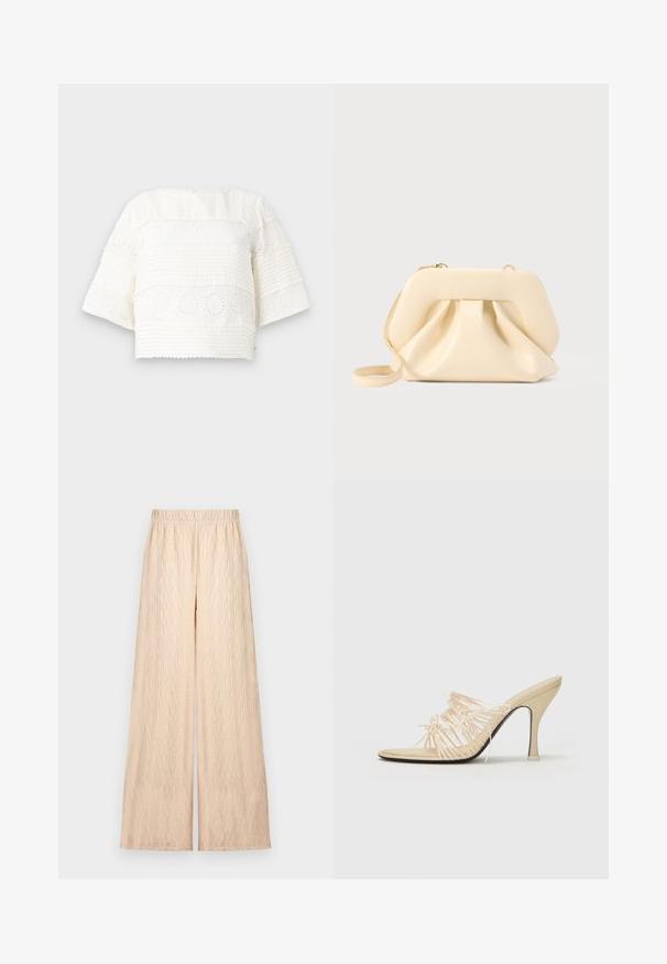 Wit cropped top met korte mouwen, voorzien van getextureerde strepen en bloemenogenpatronen. Zacht stof en ronde halslijn.; Beige wijde broek met gestructureerde stof en elastische tailleband, plat liggend op een neutrale achtergrond.; NEOUS AURIGA - Muiltjes met hak - cream; Beige zachte leren clutch met gestructureerd frame en geplooid voorkantdetail, voorzien van een dunne polsriem en een gouden rits.