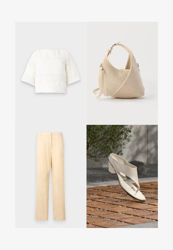 Wit cropped top met korte mouwen, voorzien van getextureerde strepen en bloemenogenpatronen. Zacht stof en ronde halslijn.; Lichtgele, loszittende broek met een subtiel bladerenpatroon. Voorzien van een elastische tailleband en een recht model. Glad textuur.; Witte leren sandalen met hak, brede band en teenstuk, buiten tentoongesteld op een houten en kiezel betegeld oppervlak met groen op de achtergrond.; Beige handtas in halve maanvorm met gemengde stoftexturen, korte handgreep en afneembare schouderriem, tegen een lichte achtergrond.