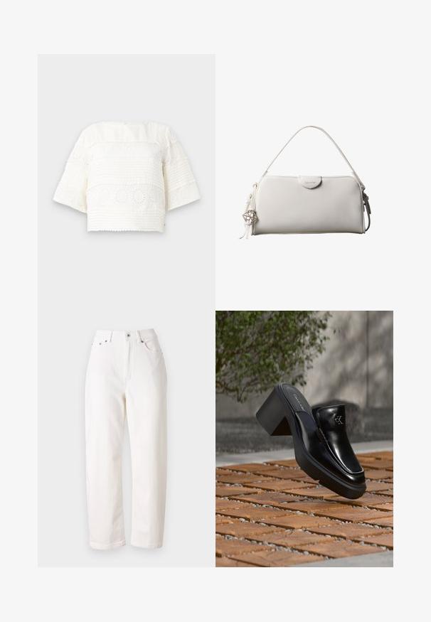 Wit cropped top met korte mouwen, voorzien van getextureerde strepen en bloemenogenpatronen. Zacht stof en ronde halslijn.; Witte spijkerbroek van denim met een rechte pijp, hoge taille, ritssluiting en metalen knoopsluiting. Beschikt over vijf zakken en subtiele stiksels.; Zwarte leren Calvin Klein slip-on mule met blokhak rustend op houten tegels buiten, vlak bij een groene plant en een grijze muur.; Witte rechthoekige Calvin Klein handtas met enkele handgreep, minimalistisch ontwerp en decoratieve kwastjes met geometrische metalen hanger aan de zijkant.