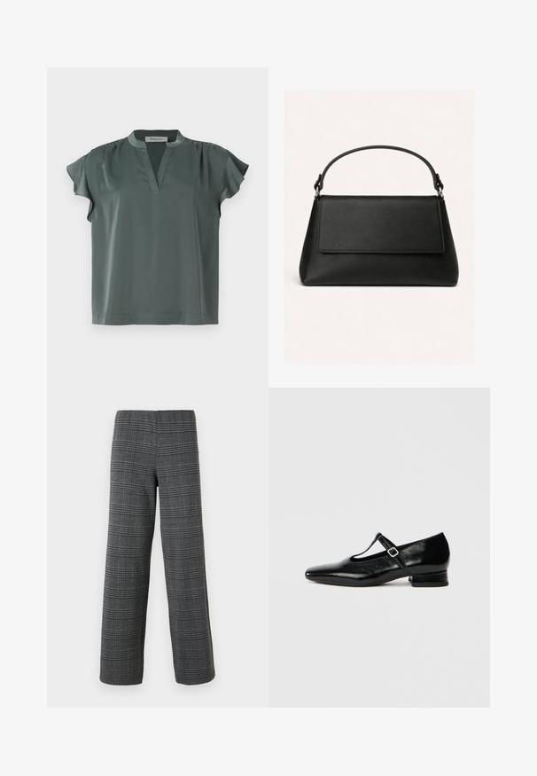 Blouse à manches courtes couleur olive en tissu lisse avec un col en V et des détails plissés aux épaules. Coupe décontractée avec un ourlet droit.; Vero Moda VMBERLIN WIDE PANT - Pantalon classique - dark grey/black; Chaussures Mary Jane en cuir noir avec bout pointu, petit talon carré et bride ajustable avec une boucle argentée. Texture lisse et brillante.; Sac à main en cuir noir avec un rabat supérieur, une forme trapézoïdale et une seule poignée incurvée attachée par des anneaux métalliques.