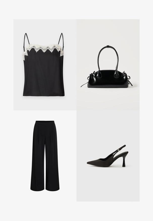 Camisole noire à fines bretelles, ornée d'une bordure en dentelle blanche festonnée le long du décolleté. Tissu lisse avec une coupe ample.; Pantalon noir à jambes larges avec taille haute et plis à l'avant, conçu pour une coupe ample et fluide.; Chaussures à talons noires avec une bride, à bout pointu, finition mate lisse et talon fin brillant. Sangle ajustable avec petit détail de boucle.; Petit sac à main noir brillant avec deux longues anses et des détails à cordon sur les côtés sur un fond clair uni.