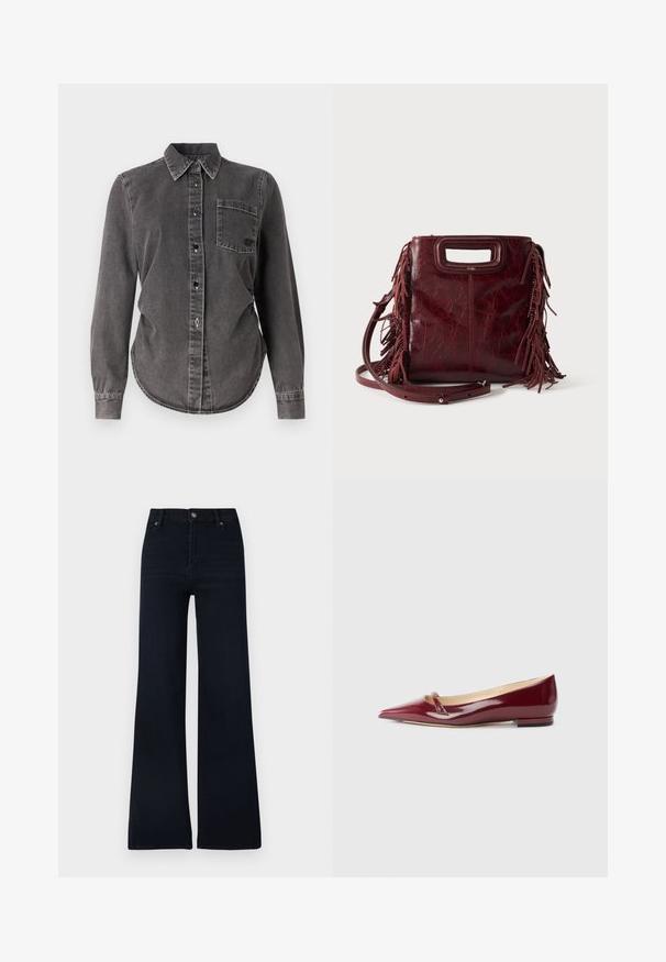 Donkergrijze denimshirt met lange mouwen, knoopsluiting, spitse kraag, een enkele borstzak en een afgeronde zoom. Gecoate oppervlakte met zichtbare stiksels.; Donkerblauwe wijd uitlopende spijkerbroek gemaakt van denim. Voorzien van een knoopsluiting, vijf zakken en een strak ontwerp met minimale variaties in textuur.; Bordeaux patent leren ballerina's met een puntige neus, voorzien van een klein uitsnijdetail en een lage hak. Glad textuur en een slank ontwerp.; Vierkante bordeaux leren handtas met uitgesneden handvat, zijfranjes en een verstelbare schouderriem op een effen achtergrond.