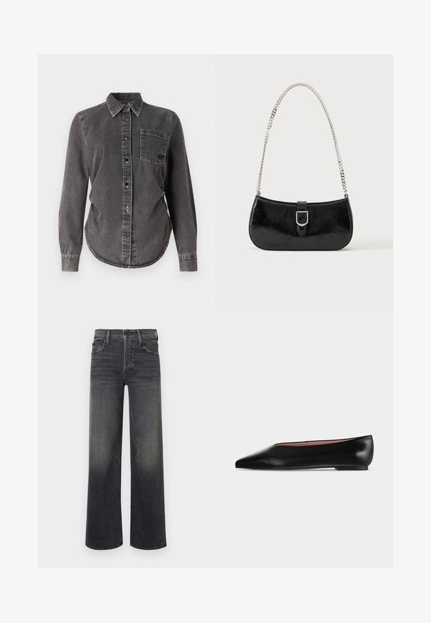 Donkergrijze denimshirt met lange mouwen, knoopsluiting, spitse kraag, een enkele borstzak en een afgeronde zoom. Gecoate oppervlakte met zichtbare stiksels.; Zijden jeans in donkergrijze denim, met een subtiele vervaagde uitstraling. Klassiek vijf-pocket ontwerp met riemlussen en zichtbare stiksels.; Zwarte leren damesschoen met platte zool, puntige neus en lage hak, zijwaarts afgebeeld tegen een effen lichtgrijze achtergrond.; Zwarte lakleren schoudertas met een zilveren gespdetail en een zilveren kettingriem, getoond tegen een effen lichte achtergrond.