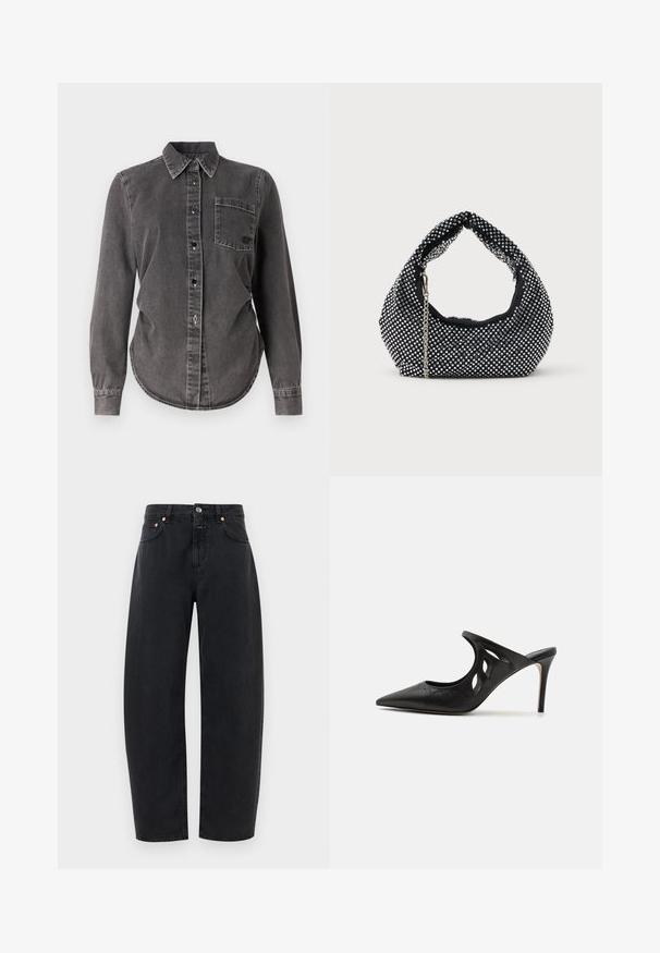 Mørk grå denimskjorte med lange ærmer, knaplukning, spidse kraver, enkelt brystlomme og rundet kant. Struktureret overflade med synlige sømme.; Sorte denim jeans med lige ben, fem lommer og kobberdetaljer. Stoffet har en glat tekstur og klassisk syning.; Sorte læder højhælede mules med spids tå, udskåret sideskærm og glat tekstur. Stiletthæl og subtil syning.; Sort mesh håndtaske prydet med sølvnitter, udstyret med et buet håndtag og en kædetraspe. Blød tekstur med en rund form.