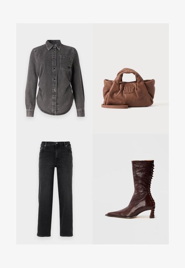Dunkelgraues Jeanshemd mit langen Ärmeln, Knopfleiste, spitzem Kragen, einer Brusttasche und abgerundetem Saum. Strukturiert mit sichtbaren Nähten.; Schwarze Jeans aus Denim mit geradem Bein. Verfügt über einen Knopfverschluss, fünf Taschen und minimale Nähdetails. Glatte Textur.; Bordeauxroter Leder-Stiefelette mit schmaler, spitzer Schuhspitze und einzigartigem geschwungenem Absatz. Verfügt über eine Schnürdetail entlang der Außenseite.; Weiche braune Lederhandtasche mit kurzen Griffen, einem vorne aufgenähten Logo und einem abnehmbaren langen Riemen auf schlichtem hellem Hintergrund.