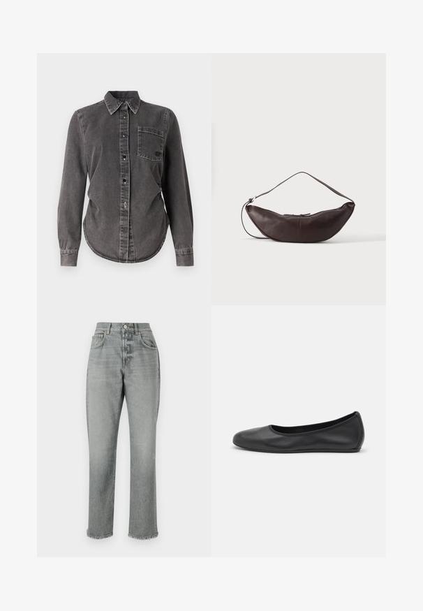 Donkergrijze denimshirt met lange mouwen, knoopsluiting, spitse kraag, een enkele borstzak en een afgeronde zoom. Gecoate oppervlakte met zichtbare stiksels.; CLOSED JONTA - Relaxed fit jeans - mid grey; Zwarte leren ballerina met een ronde neus, gladde textuur, minimale stikdetails en een flexibele zoolontwerp.; Donkerbruine leren schoudertas in halve maan vorm met een gebogen band en zichtbare stiksels op een effen achtergrond.