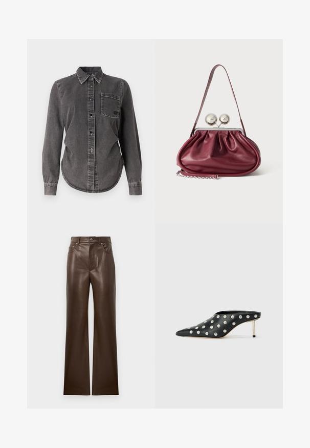 Dunkelgraues Jeanshemd mit langen Ärmeln, Knopfleiste, spitzem Kragen, einer Brusttasche und abgerundetem Saum. Strukturiert mit sichtbaren Nähten.; Braune Leder-Schlaghosen mit glatter Textur, Fünf-Taschen-Design, Reißverschluss vorne und metallisch glänzendem Knopfverschluss, mit hoher Taille.; STAND STUDIO KELSEY - Pantolette hoch - black; Kleine burgunderrote Lederhandtasche mit gerafften Details, einem dünnen Riemen und einem silbernen Verschluss mit zwei großen runden Knöpfen.
