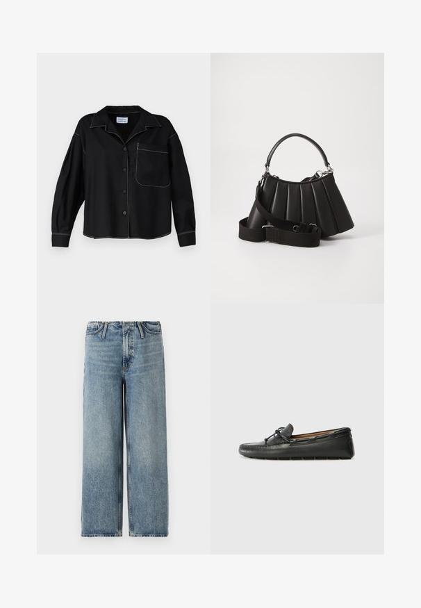 Sort skjorte med knapper og krave, lange ærmer og en lomme på brystet. Hvid kontrasterende syning langs sømmene. Glat tekstur.; Lyst blå brede jeans lavet af denim, med en mellemhøj talje, klassisk fem-lomme design og subtil udtynding i hele stoffet.; Sorte læder bådsko med afrundet tå, stikninger, lille sløjfedetalje og gummisål. Glat tekstur og strømlinet design.; Sort plisseret handbag med et rundet håndtag, justerbar rem og blank overflade. Har sølvfarvet hardware og en struktureret silhuet.