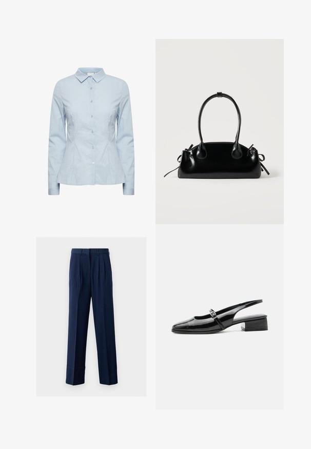 Chemise cintrée bleu clair à manches longues avec boutons, col pointu et coutures princesse sur fond blanc.; Pantalon tailleur bleu marine avec plis, coupe droite, fabriqué en tissu léger. Dispose d'une taille avec passants de ceinture.; Chaussure slingback en cuir verni noir avec un petit talon bloc et une fine bride avec une boucle argentée sur le dessus.; Petit sac à main noir brillant avec deux longues anses et des détails à cordon sur les côtés sur un fond clair uni.