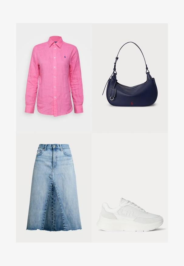 Pikkade varrukatega, kraega särgik, mis on valmistatud erksast roosast linast, millel on vasakul rinnal väike sinine logo ja ees valged nööbid.; Polo Ralph Lauren PANELED DENIM A LINE SKIRT - A-lõikeline seelik - lindale wash; Valge nahast toss paksu tallaga ja küljele pressitud "LRL", paelte ja seemisnahast detailidega kandade ja varvaste piirkonnas.; Tumesinise nahast hobo-kott kõveriku kujuga, tekstureeritud viimistlusega, reguleeritava õlarihmaga ja ühelt poolt väikese punase logoga.